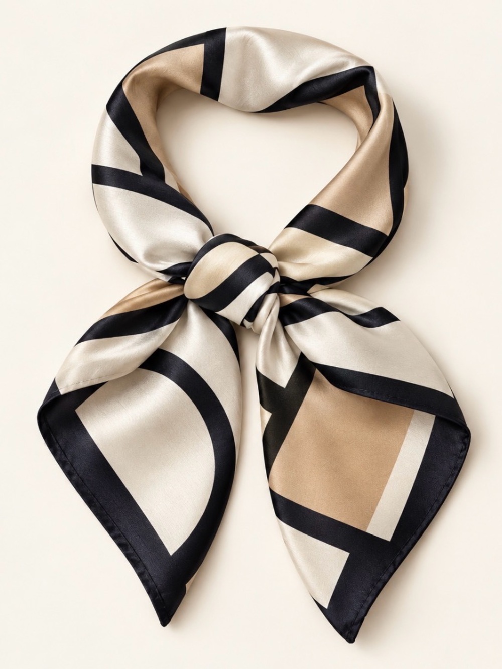 Elegant Geometric Block-Print Scarf in Navy, Cream & Beige
